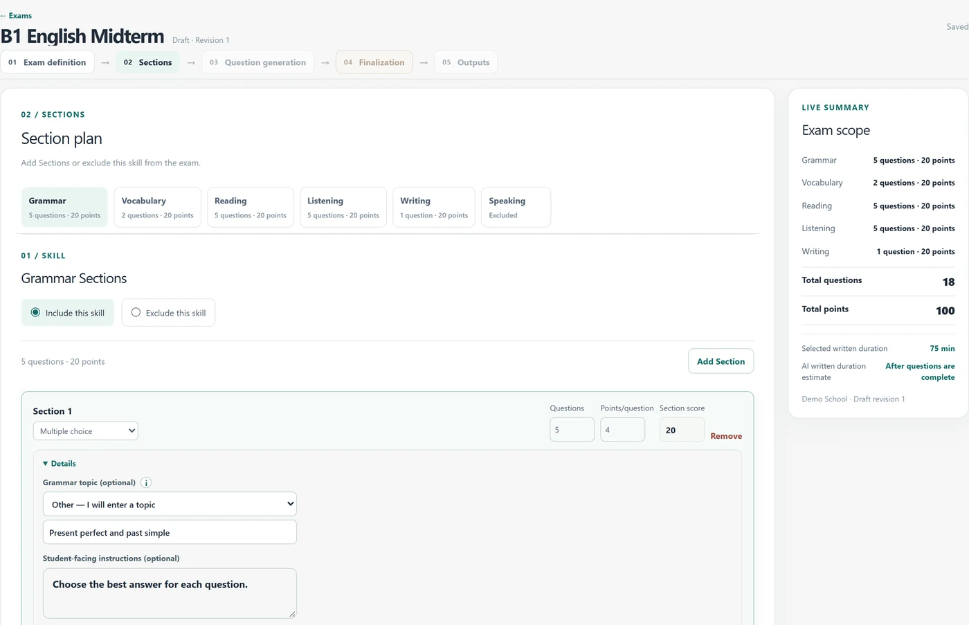 Exam Studio planning screen with skill areas, question counts and score controls