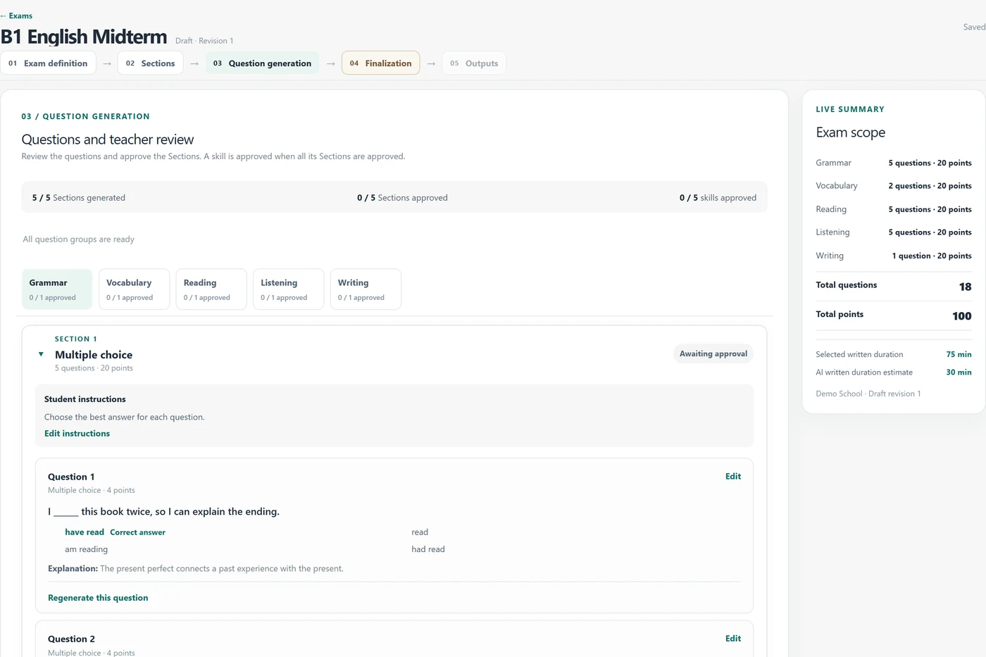 Exam Studio screen where a teacher can review question text, answer options and the correct answer
